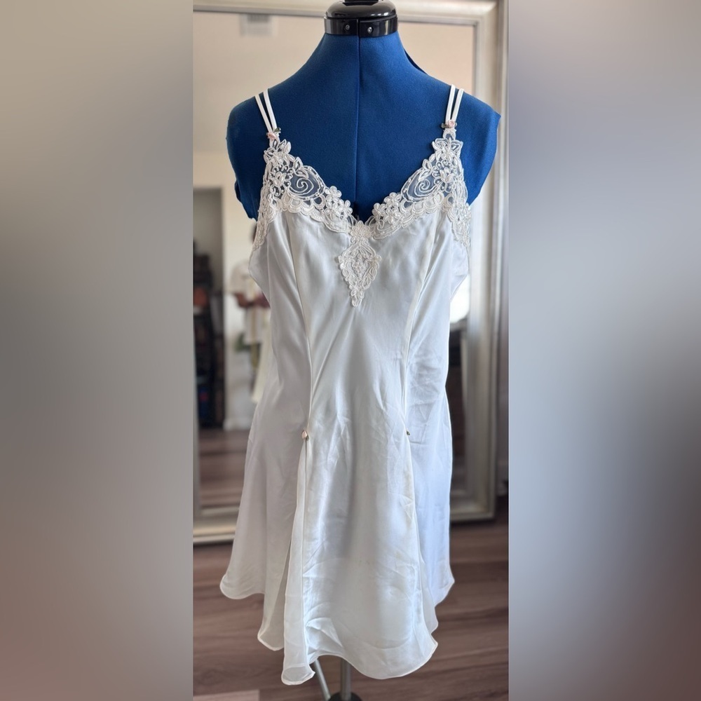 Vintage California Dynasty Beige Satin Beaded Embroidered Lingerie Slip Dress L